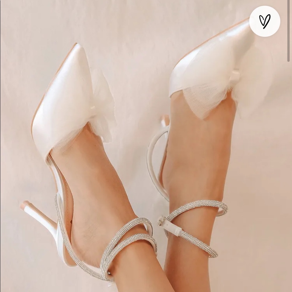 Lulus White Satin Rhinestone Bow Ankle Strap Pumps
